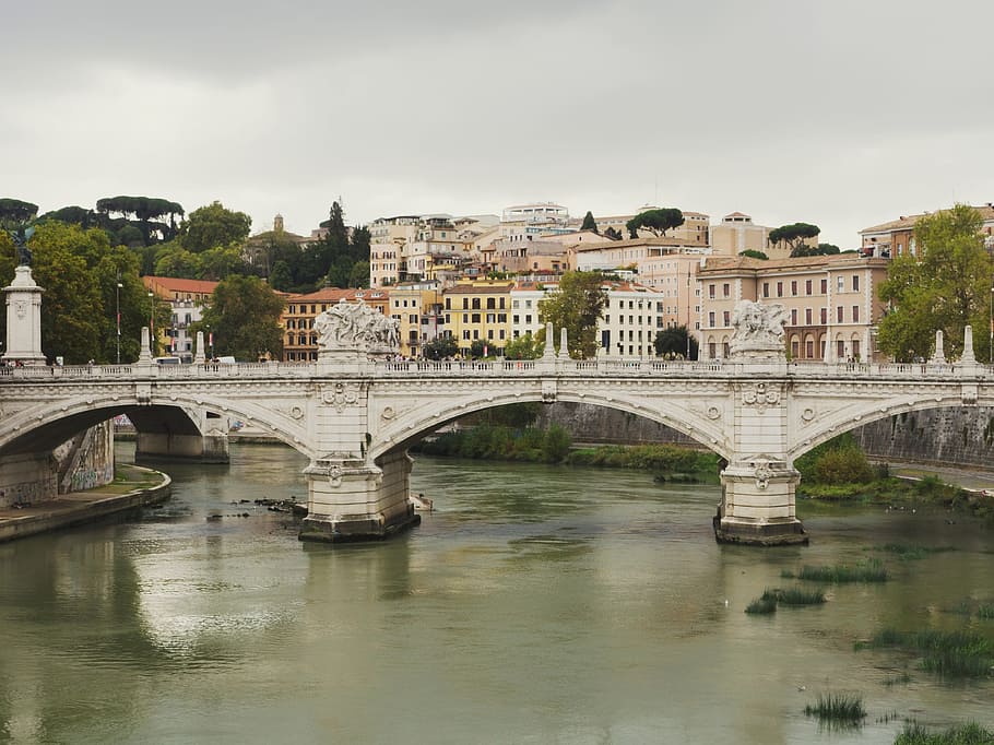 architecture, building, infrastructure, bridge, trees, river HD wallpaper