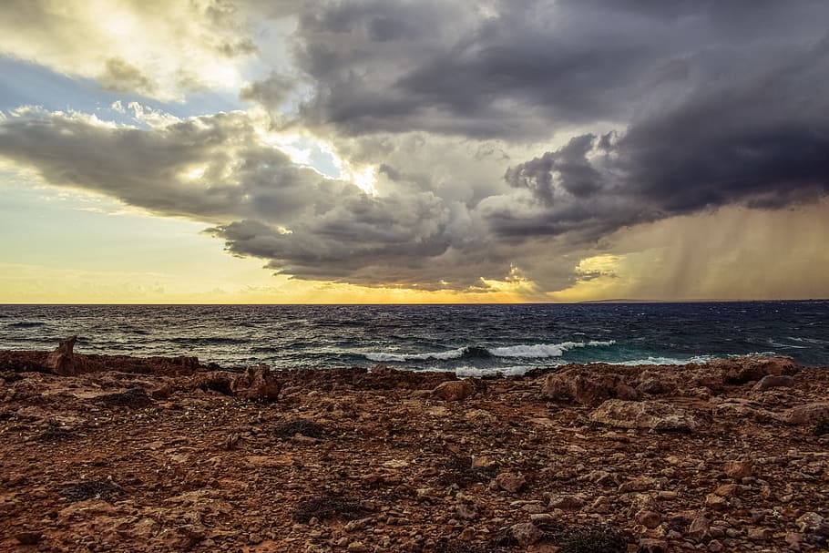 landscape photography of seashore, rocky coast, sky, clouds HD wallpaper