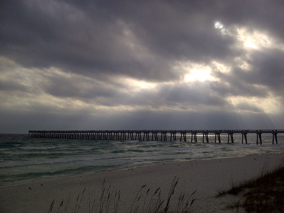 beach, cloud, pier, ocean, cloud - sky, water, built structure HD wallpaper
