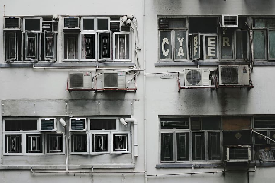 white window-type air conditioner on wall, front view of white building with window-type air conditioners HD wallpaper