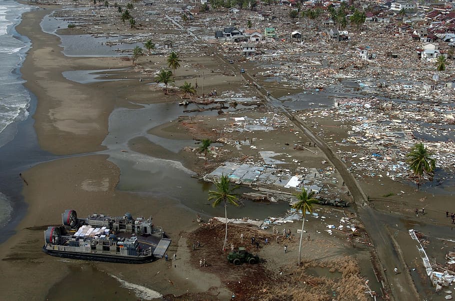 aerial view of body water, tsunami, riptide, natural disaster