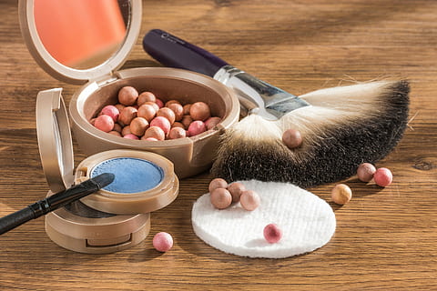 assorted makeup kits on brown wooden table, cosmetics, powder HD wallpaper