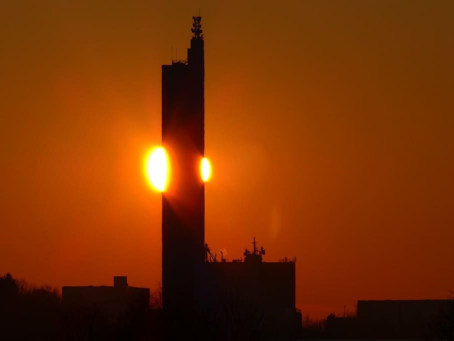 sun, fireball, fiery, sunset, golden, glow, afterglow, grain silo HD wallpaper