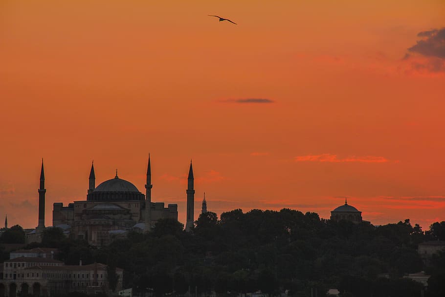 sunset, hagiasophia, istanbul, islam, turkey, ancient, mosque, HD wallpaper