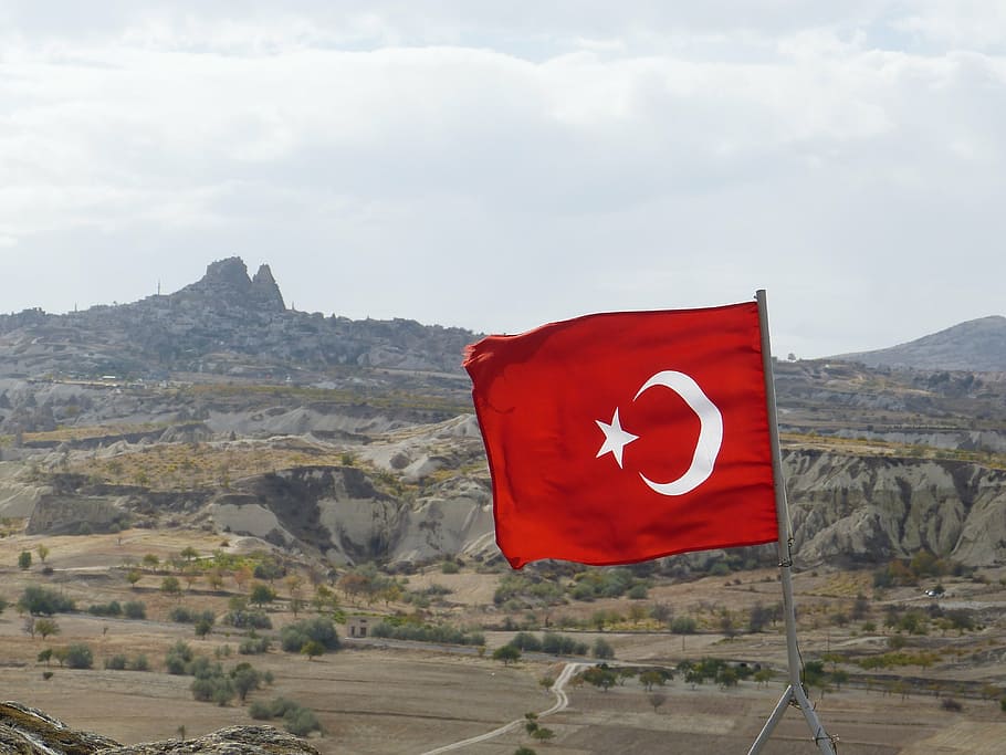 flag, turkey, uchisar, cappadocia, blow, crescent, sickle, star HD wallpaper