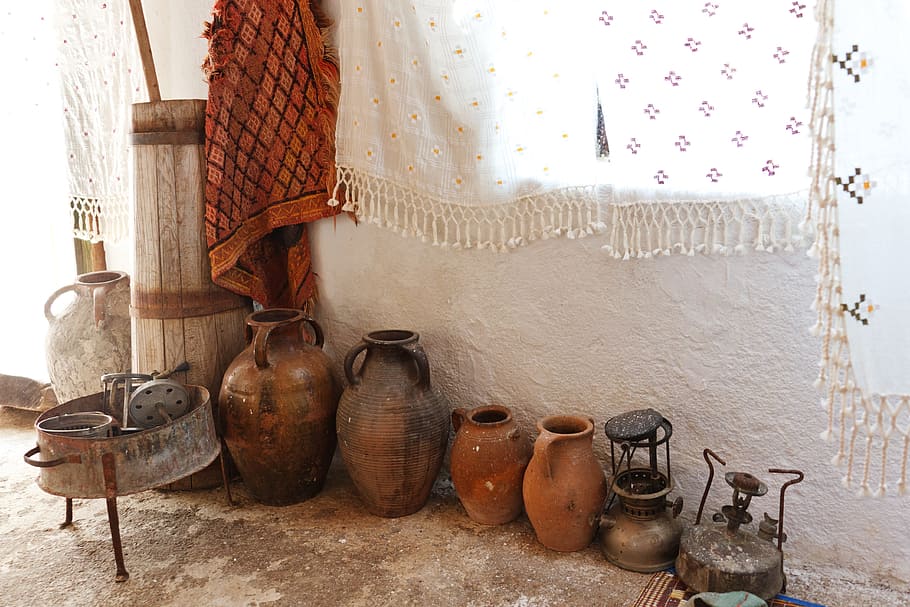 several jars near white painted wall, aged, ancient, antique HD wallpaper