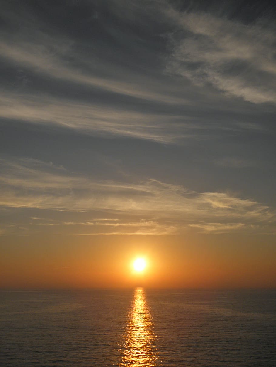 sea, sun, sunset, setting sun, sky, evening sky, abendstimmung HD wallpaper