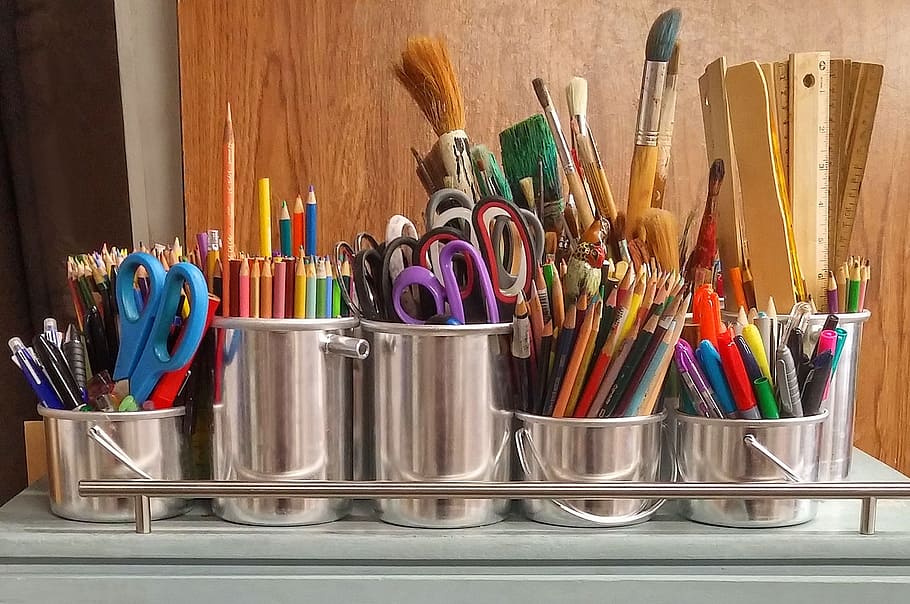 Pencils in Stainless Steel Bucket, art supplies, arts and crafts