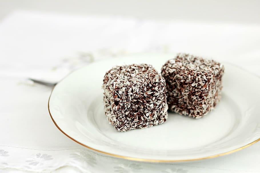 two cube brownies, sweets, cake, coconut cubes, chocolate, food HD wallpaper