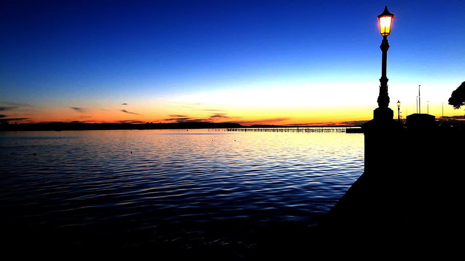 Blue, Water, Lamp, Sunset, Shadow, orange, reflection, ripple HD wallpaper