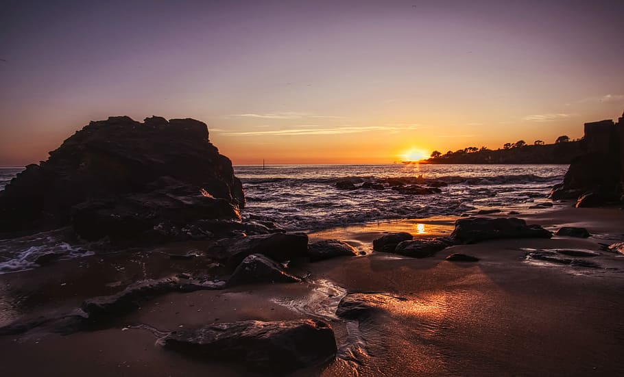 sunset, beach, sun sky, sea, lying, sand, nature, evening, light HD wallpaper