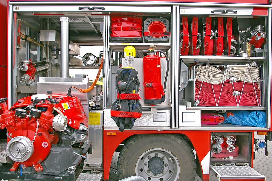 red and white firetruck set, firefighters, fire truck, volunteer firefighter, HD wallpaper