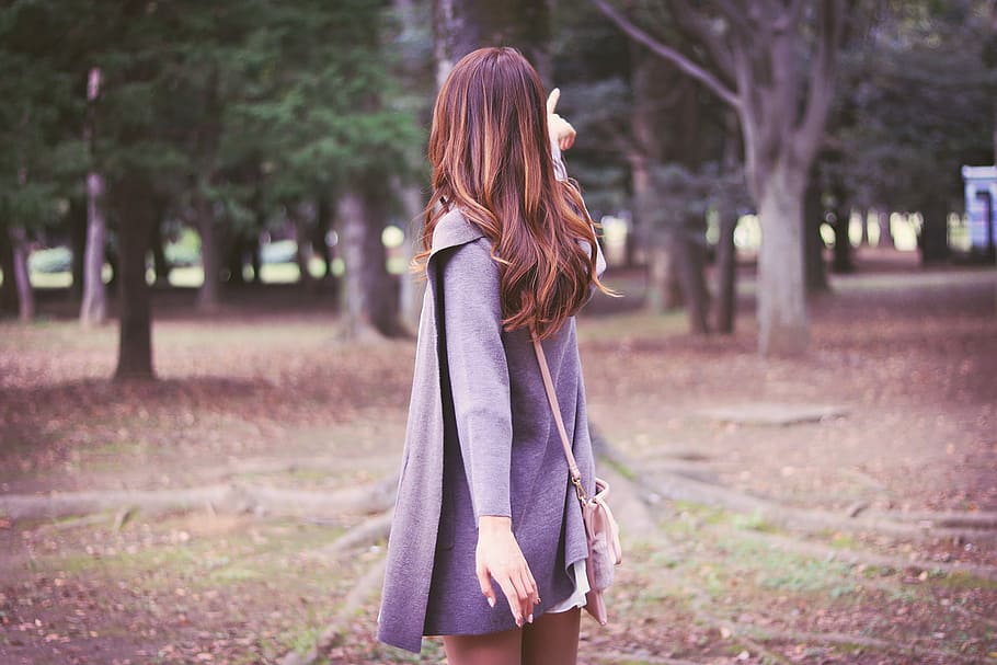 woman wearing gray suede jacket  pointing the gray trees, women HD wallpaper