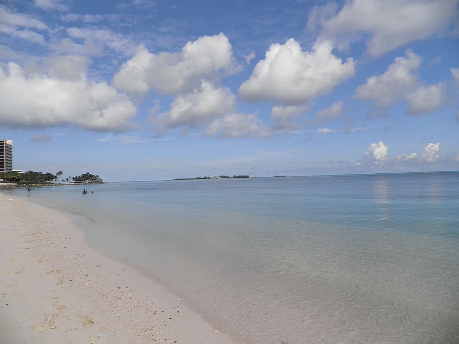 calm sea water, Ocean, Beach, Bahamas, Tropical, sky, island HD wallpaper