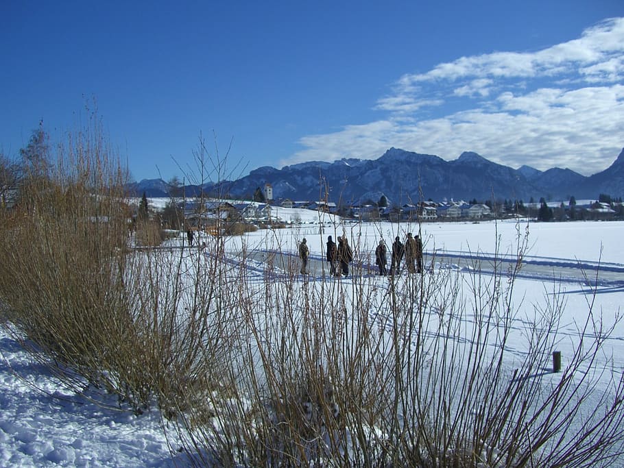 winter, snow, lake, ice, curling ground, athletes, mountain HD wallpaper