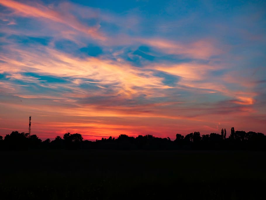 sunset, sky, in the evening, clouds, lights, dusk, orange, red HD wallpaper