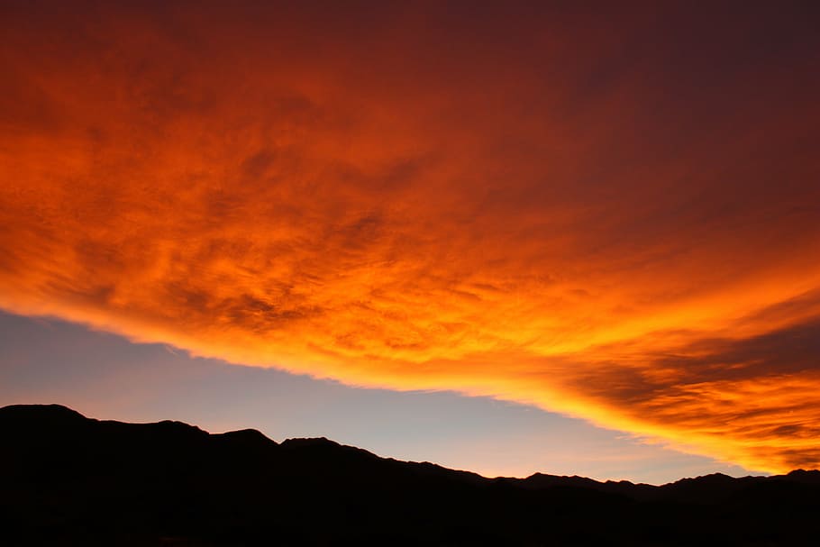 silhouette photo of land under brown sky, sunset, mountain HD wallpaper