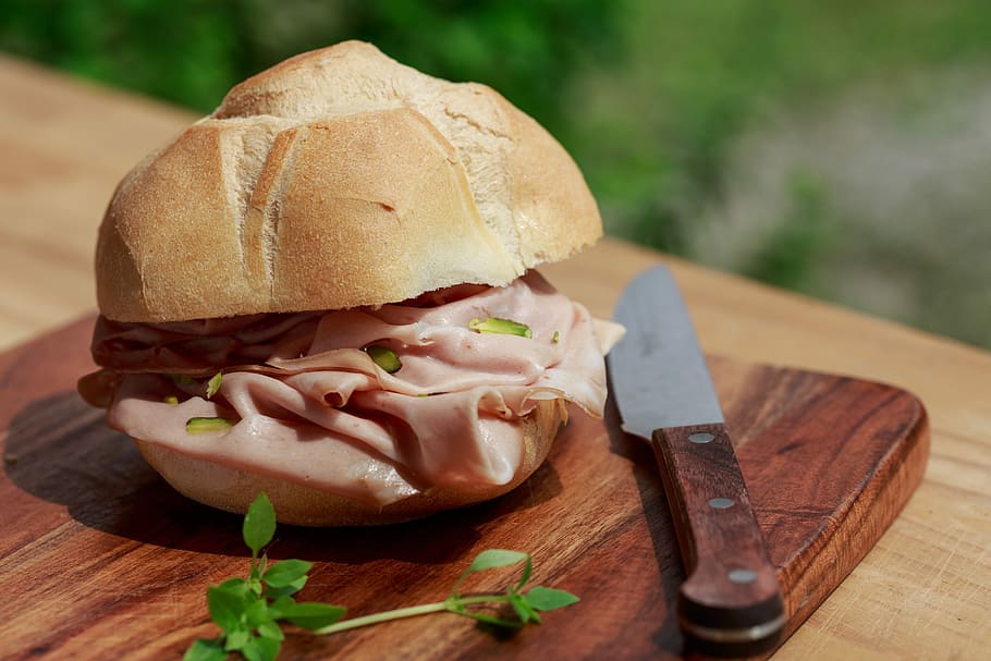 ham sandwich on brown board, Mortadella, Sandwich, Sandwich, Bread