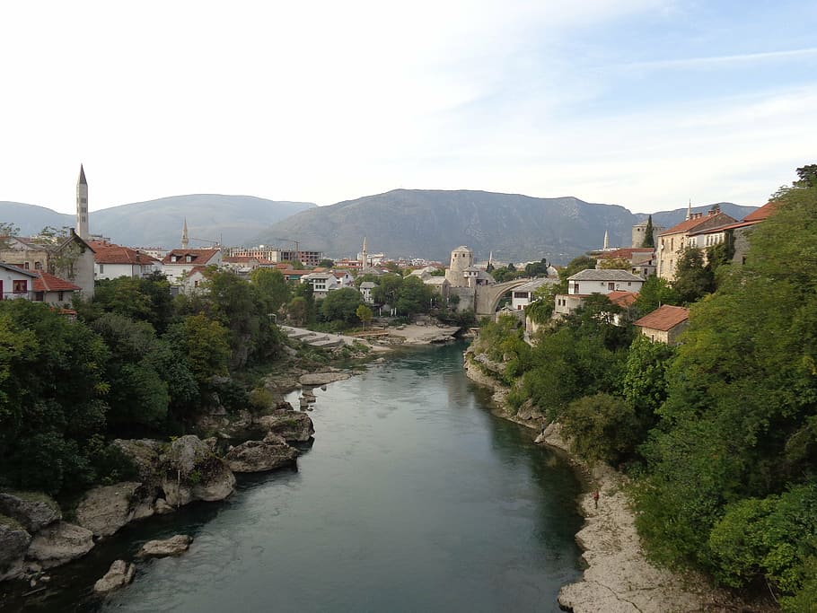 mostar, bosnia, herzegovina, stone bridge, tower, mountains, HD wallpaper