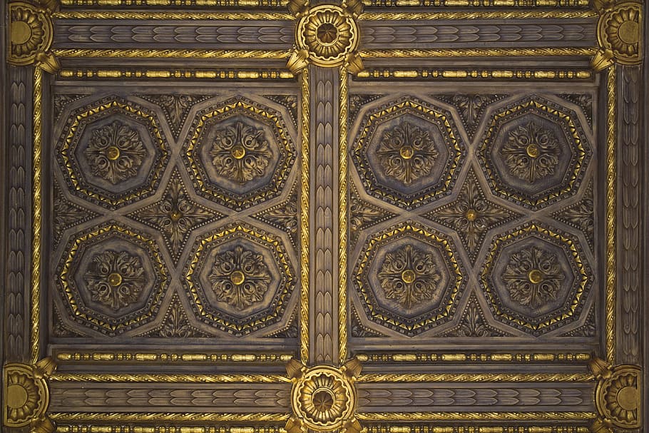brown and gold area rug, ceiling, decoration, paneling, detail HD wallpaper