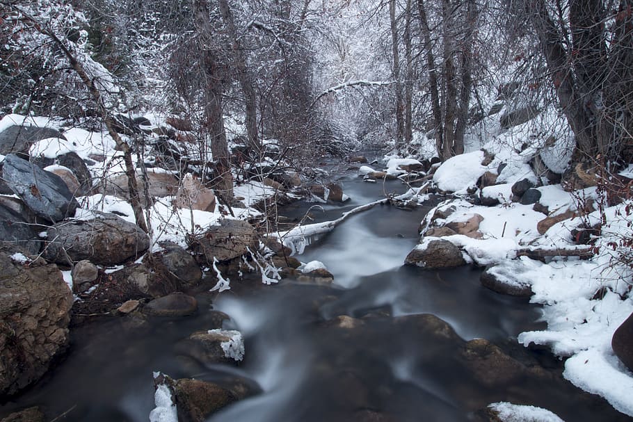 landscape photography of river during winter, stream, water HD wallpaper