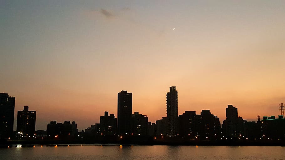 sunset, new moon, building, evening, architecture, cityscape HD wallpaper