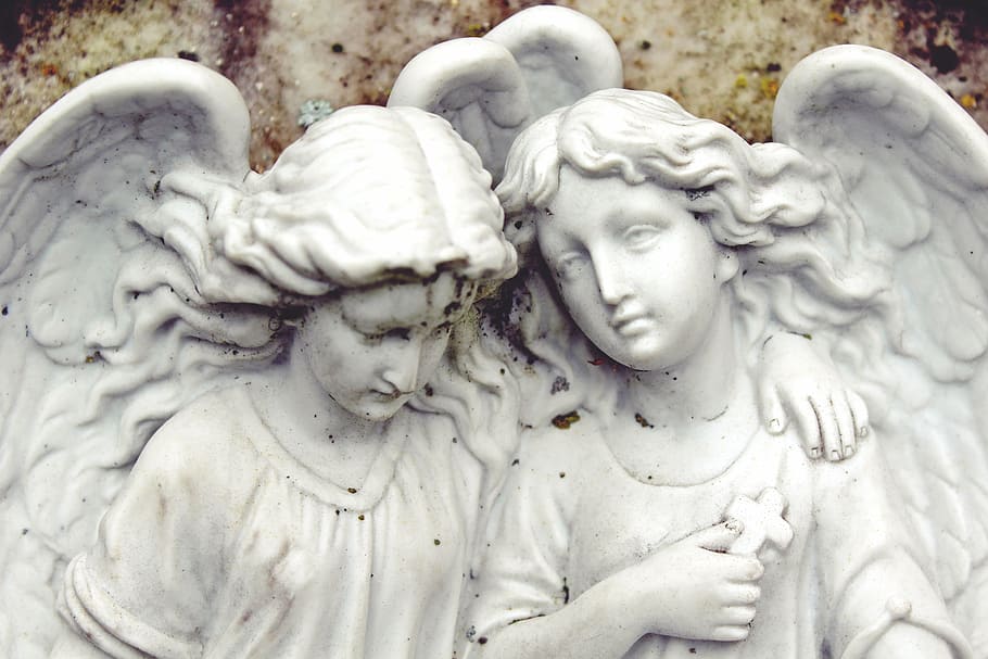 white ceramic angels statue, figure, woman, female, pray, face
