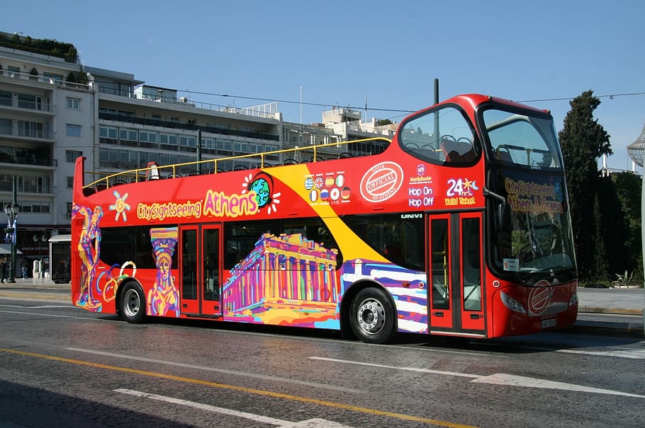 red double decker bus, athens, greece, tour bus, landmark, travel