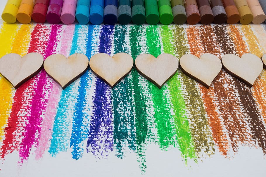 assorted color chalks near heart decoration, oil pastels, colorful, HD wallpaper