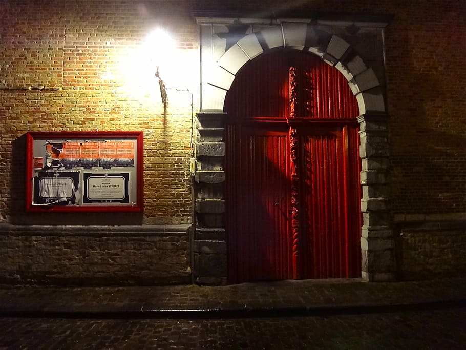 closed red wooden door, night, light, illumination, red gate HD wallpaper