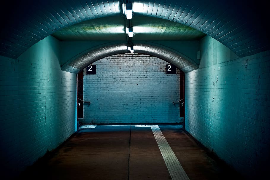 hallway with teal colored walls, architecture, tunnel, perspective HD wallpaper