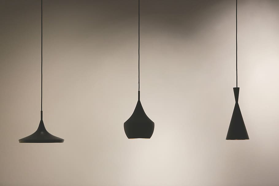 three black pendant lamps, silhouette, hanging, lights, lamp shades, HD wallpaper