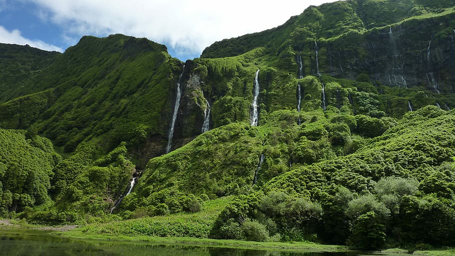 green mountains, Waterfall, Landscape, Forest, flow, azores HD wallpaper