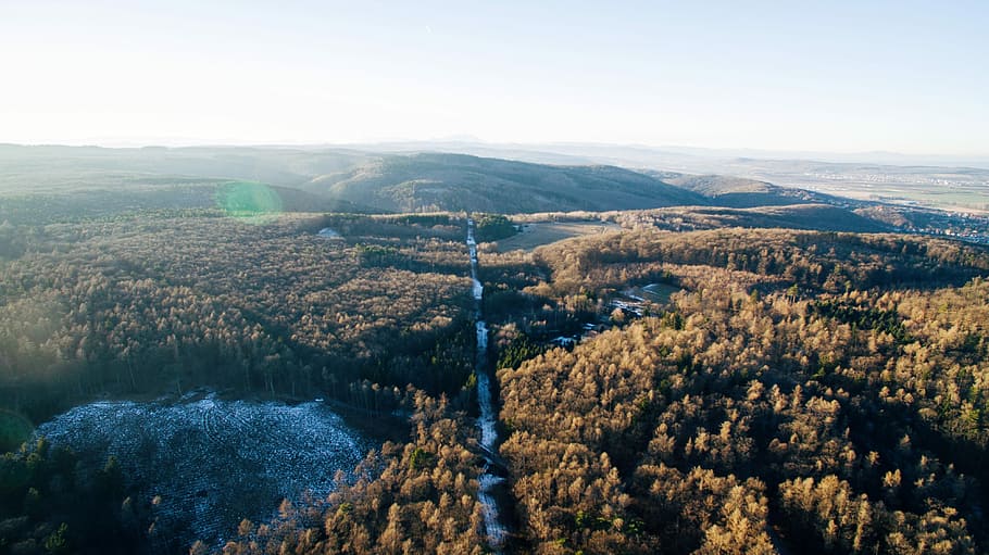 aerial photo of forest under white clouds, aerial photography of forest and mountain at daytime HD wallpaper