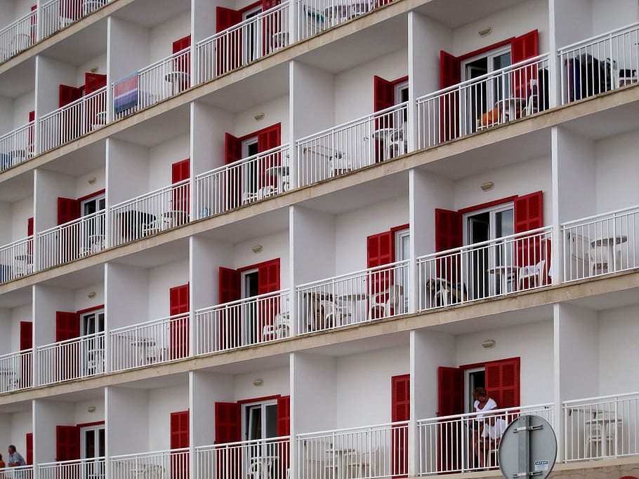 hotel, front, balconies, red, white, house facade, live, architecture HD wallpaper