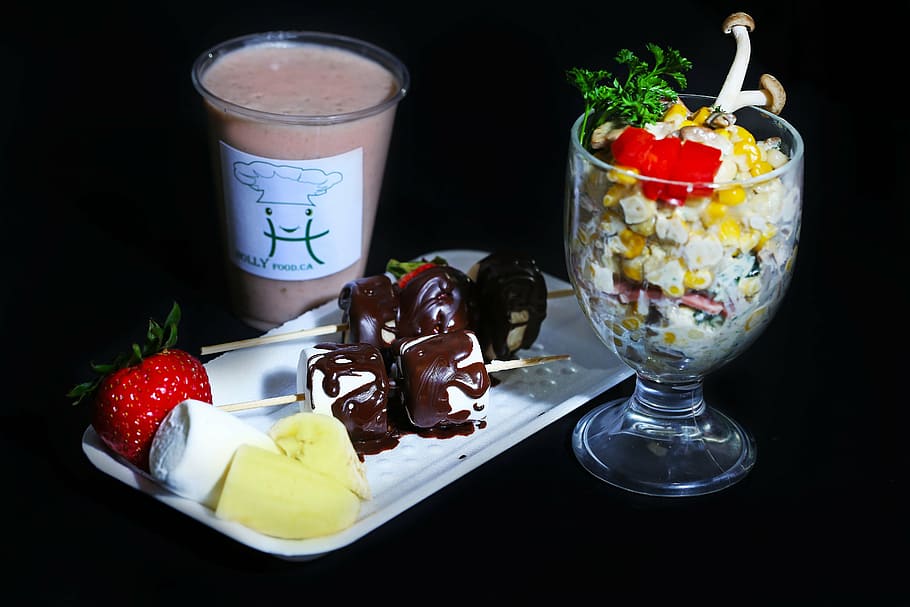holly corn combo, fresh strawberry smoothie, chocolate fondue, HD wallpaper