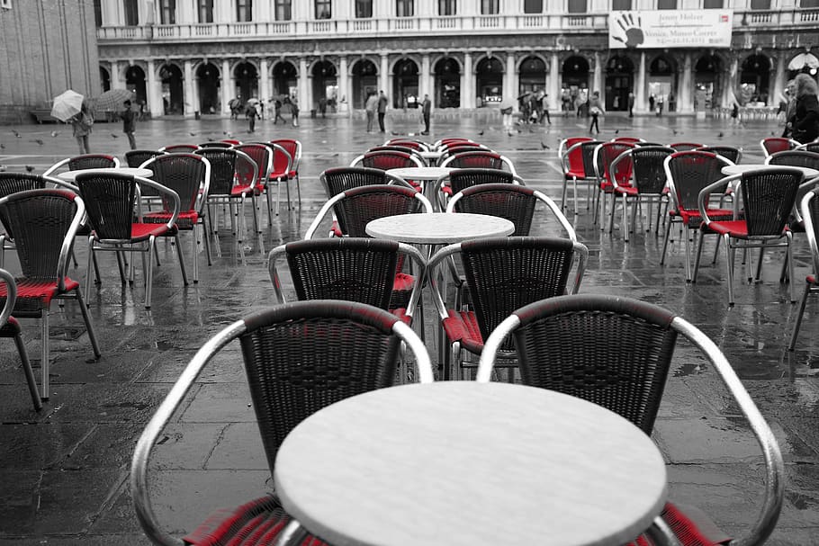 restaurant, tables, chairs, terrace, patio, red, black and white, HD wallpaper