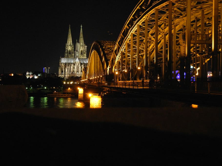 Cologne, Dom, Bridge, deutzer, central station, night, illuminated, HD wallpaper