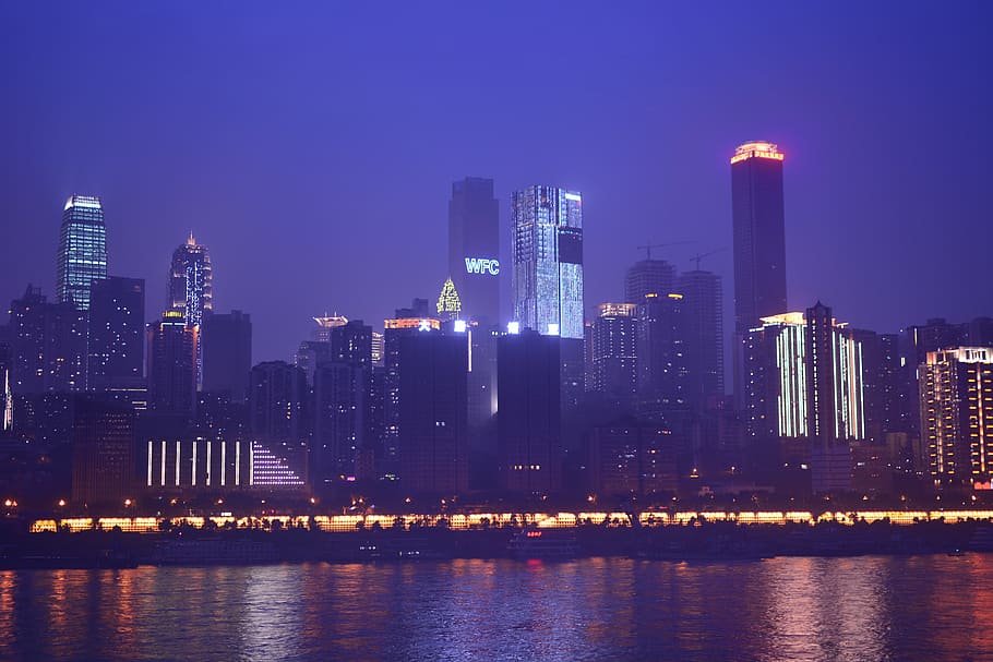 New York skyline, chongqing, night view, tall buildings, reflection