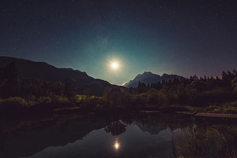 photo of lake with sun, landscape of river during night, green HD wallpaper