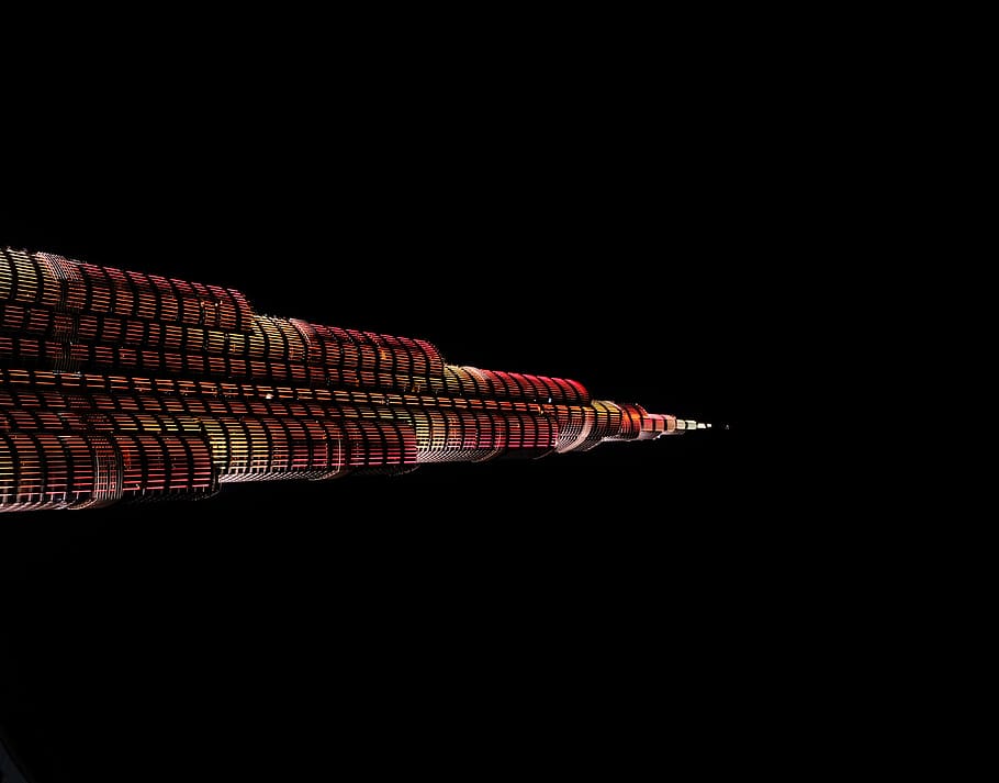 Burj Khalifa, Dubai, red and yellow glass tower, night, dark HD wallpaper