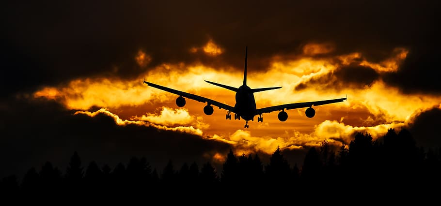 Airplane Silhouette on Air during Sunset, aeroplane, aircraft, HD wallpaper