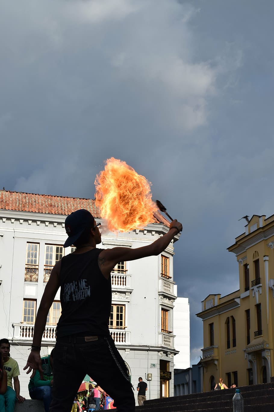 fire, flames, art, juggling, light, contrast, building exterior HD wallpaper
