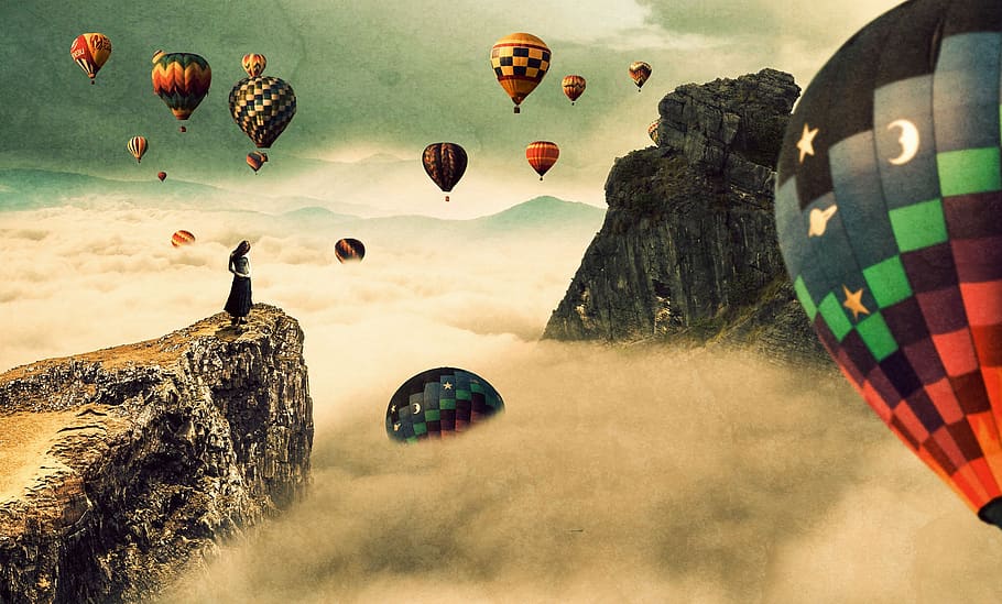 sky, balloons, mountain, air vehicle, hot air balloon, flying HD wallpaper