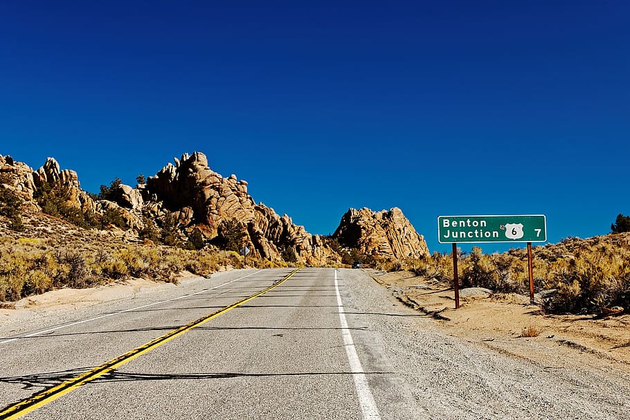 road, desert, shield, landscape, california, usa, mountains HD wallpaper
