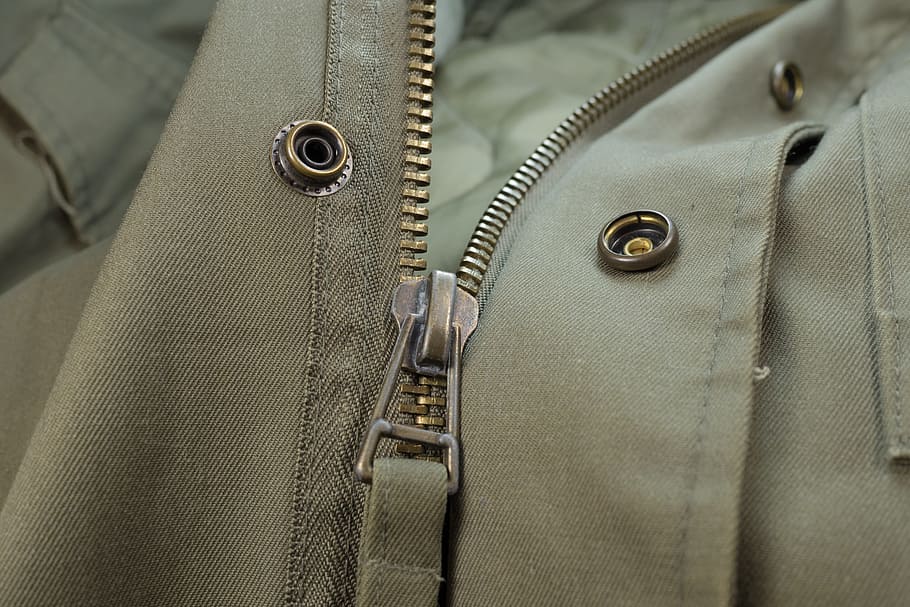 zip, closure, hack, detail, jacket, olive, press-studs, macro