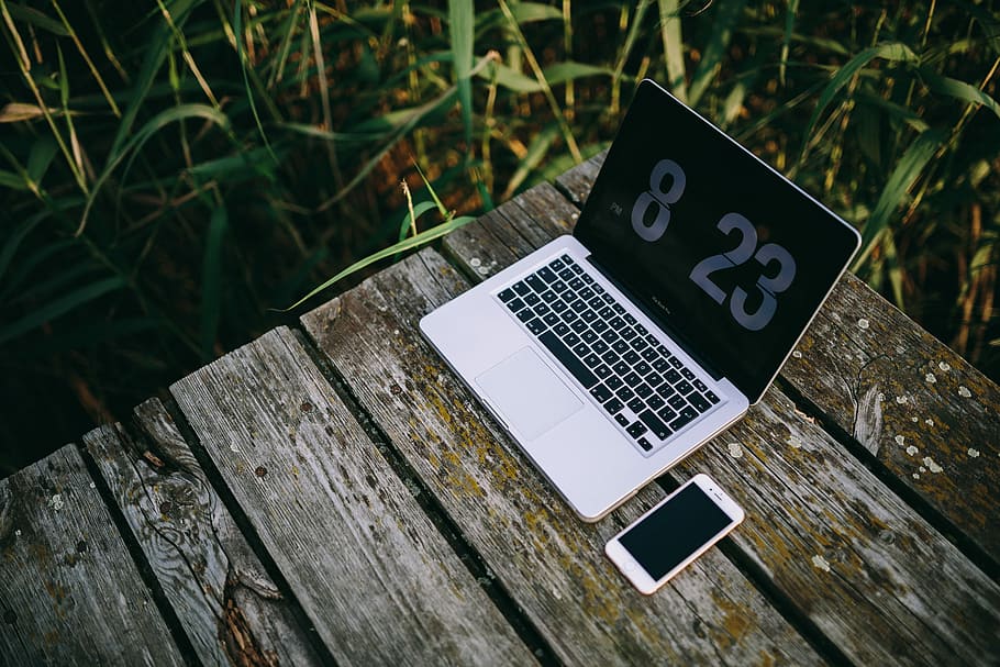Man working on Macbook at lake, workspace, workplace, computer HD wallpaper