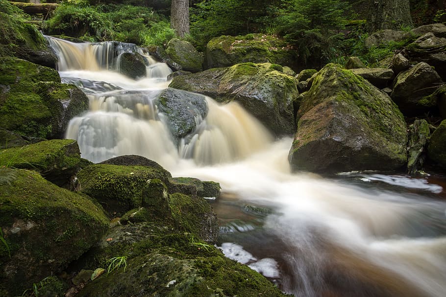 timelapse photo of waterfalls and rocks, long exposure, bach HD wallpaper