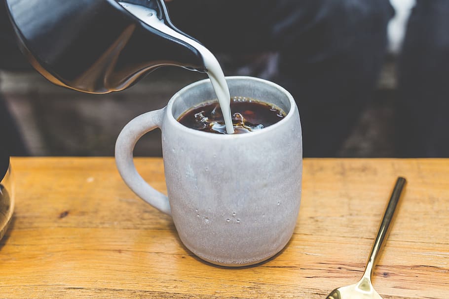 black, coffee, milk, hot, cold, drink, cup, spoon, coffeehouse HD wallpaper