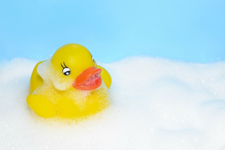 yellow rubber duckling on white foam, bath, cute, fun, animal HD wallpaper